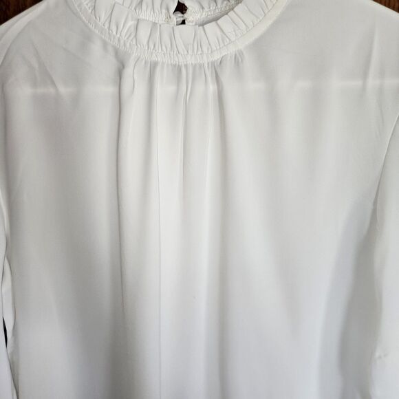 NEW LYANER White Frill Mock-Neck Blouse Size S – Pleated Long-Sleeve Feminine To - Picture 4 of 8